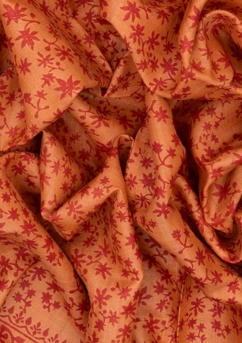Peach Handloom Tussar Silk Saree With Printed Floral Motif Peach For Women - Indya