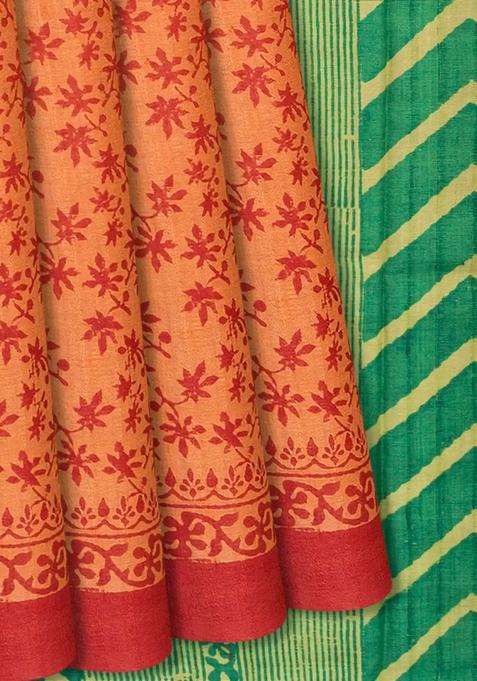 Peach Handloom Tussar Silk Saree With Printed Floral Motif Peach For Women