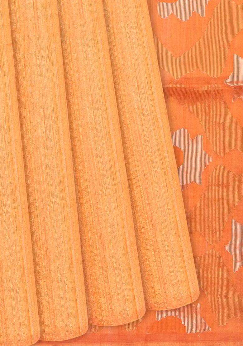 Orange Handloom Jute Art Silk Saree With Zari Stripes Orange With Checks And Stripes Design For Women - Indya