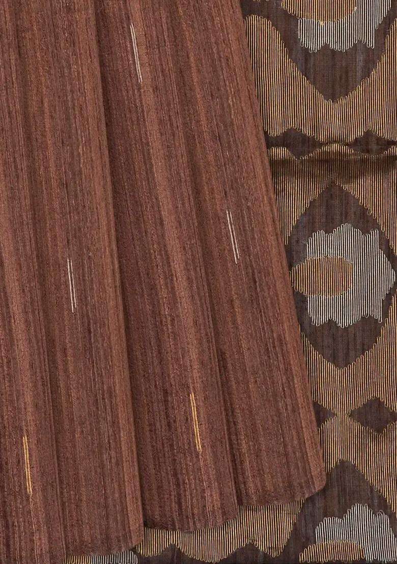 Brown Handloom Jute Art Silk Saree With Stripe Buttas Brown With Buttas And Brocade Design For Women - Indya