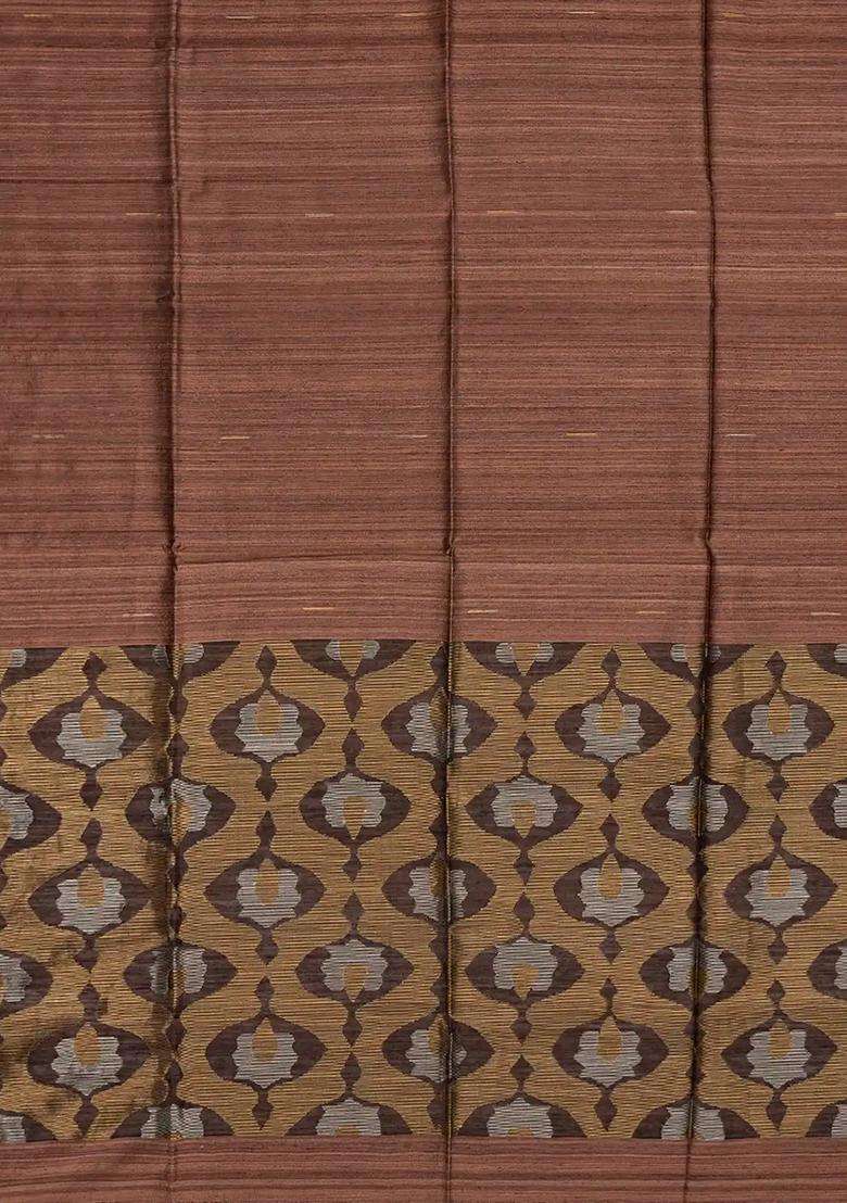 Brown Handloom Jute Art Silk Saree With Stripe Buttas Brown With Buttas And Brocade Design For Women - Indya
