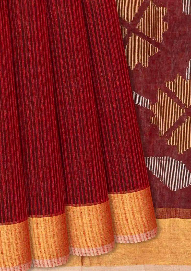 Crimson Handloom Kora Silk Organza Saree With Stripes Crimson With Checks And Stripes Design For Women - Indya