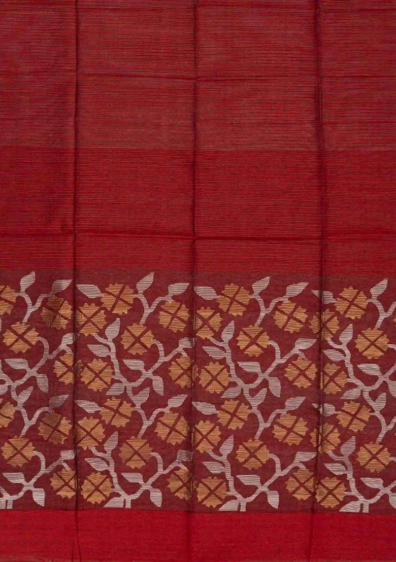 Crimson Handloom Kora Silk Organza Saree With Stripes Crimson With Checks And Stripes Design For Women - Indya