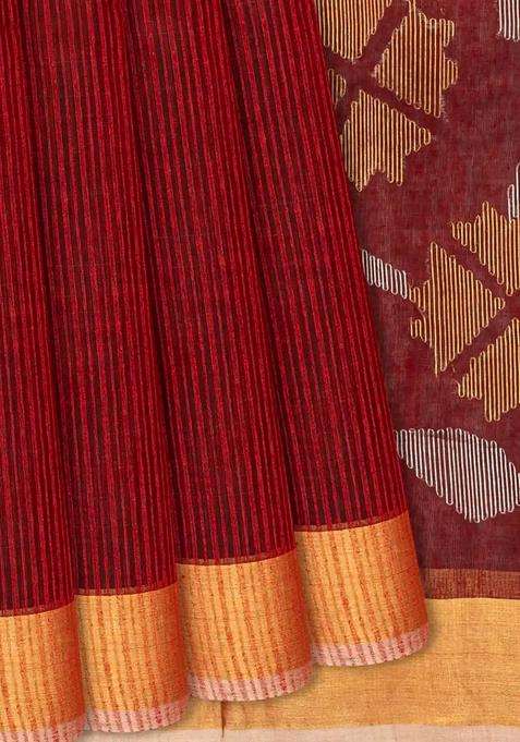 Crimson Handloom Kora Silk Organza Saree With Stripes Crimson With Checks And Stripes Design For Women