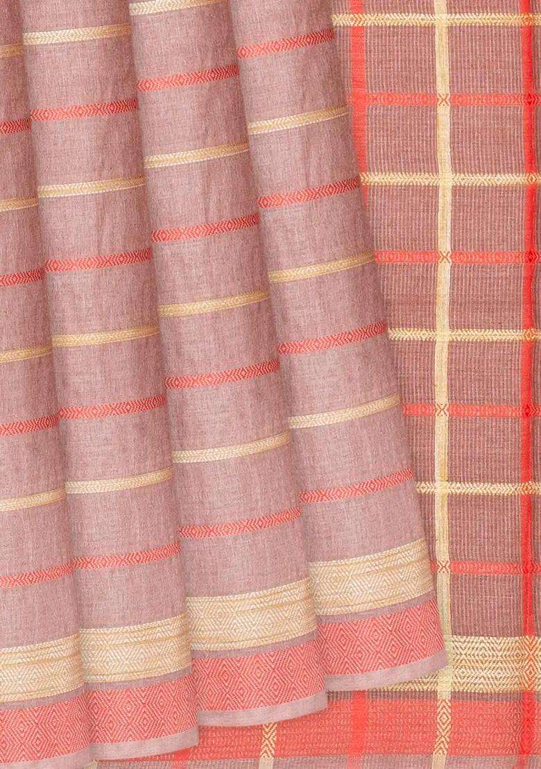Taupe Handwoven Tussar Silk Saree With Stripes Taupe With Checks And Stripes Design For Women - Indya