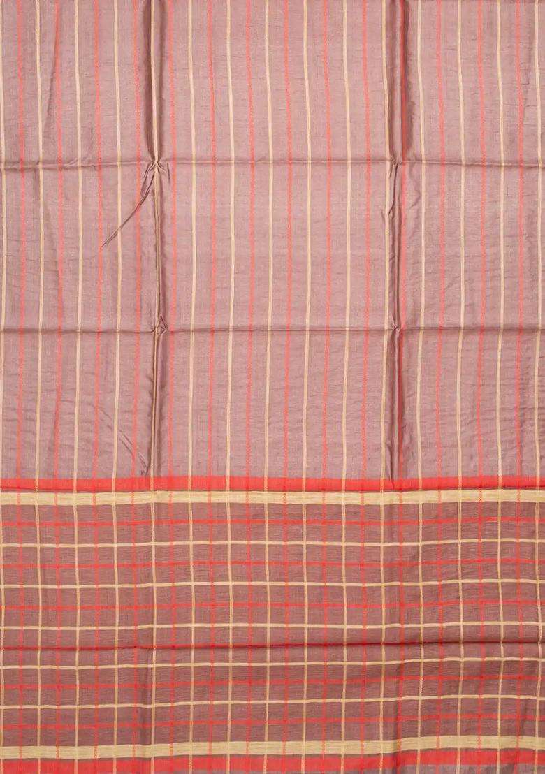 Taupe Handwoven Tussar Silk Saree With Stripes Taupe With Checks And Stripes Design For Women - Indya