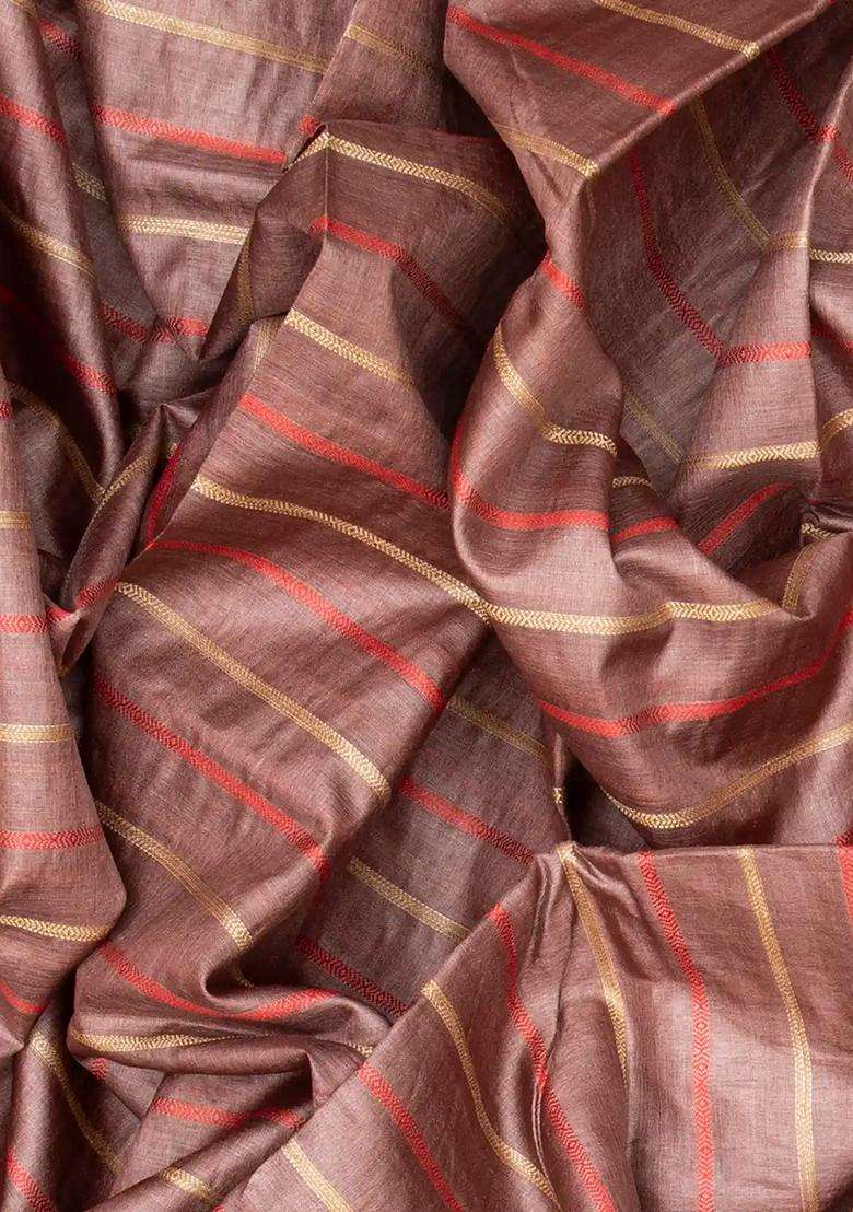 Taupe Handwoven Tussar Silk Saree With Stripes Taupe With Checks And Stripes Design For Women - Indya