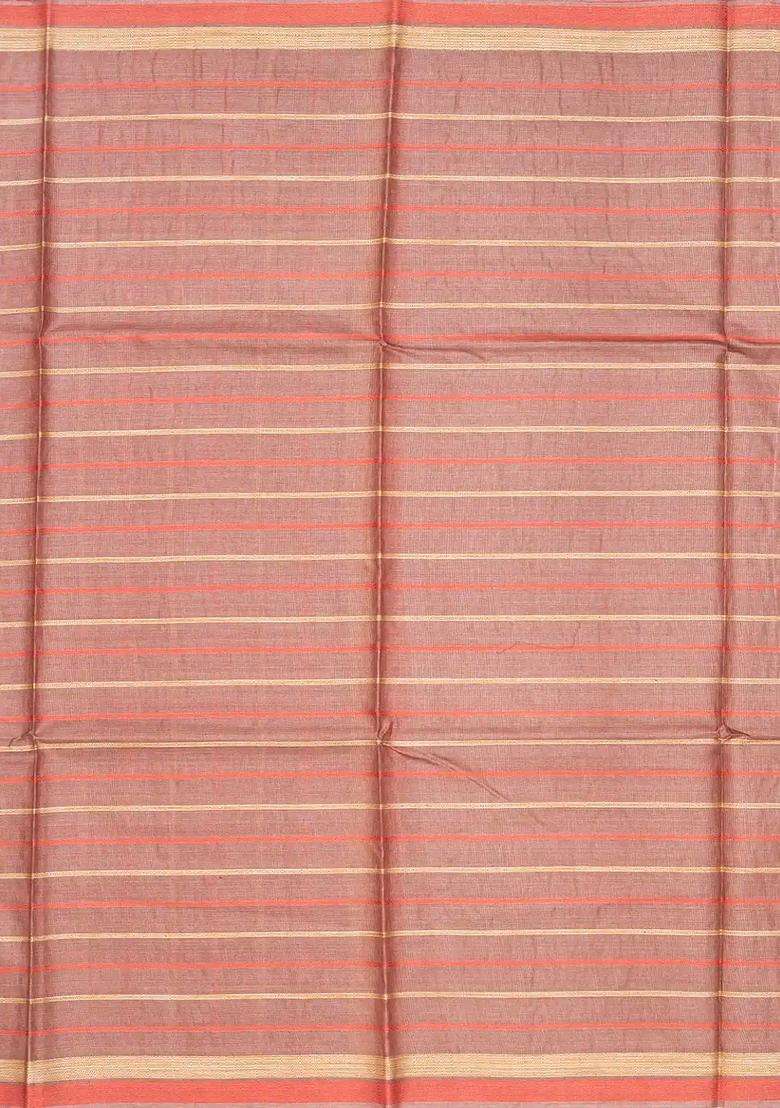 Taupe Handwoven Tussar Silk Saree With Stripes Taupe With Checks And Stripes Design For Women - Indya