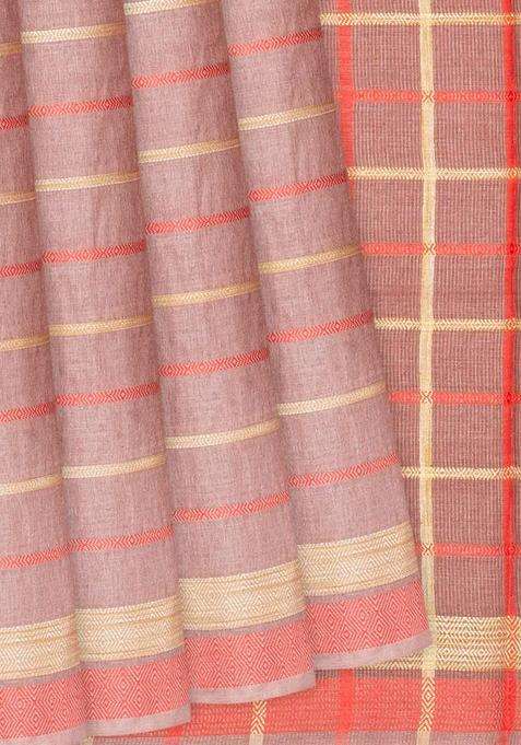 Taupe Handwoven Tussar Silk Saree With Stripes Taupe With Checks And Stripes Design For Women