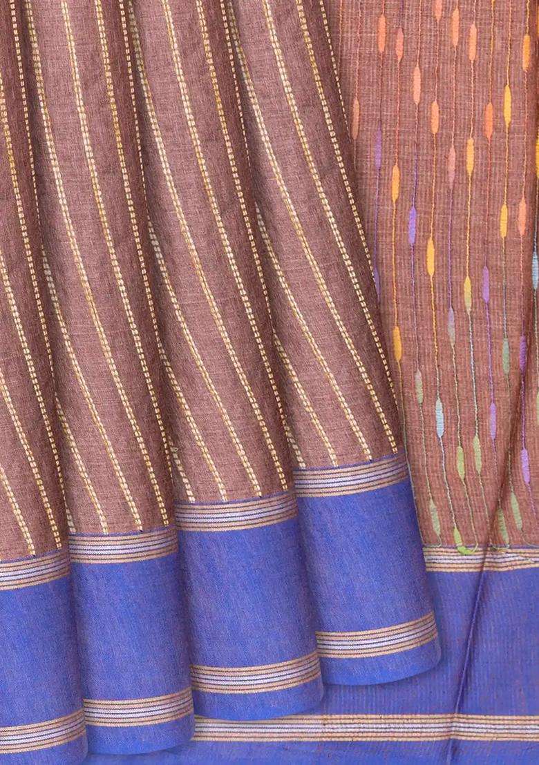 Brown Woven Tussar Silk Saree With Dotted Stripes Brown With Checks And Stripes Design For Women - Indya