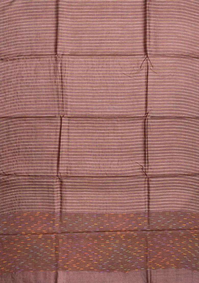 Brown Woven Tussar Silk Saree With Dotted Stripes Brown With Checks And Stripes Design For Women - Indya