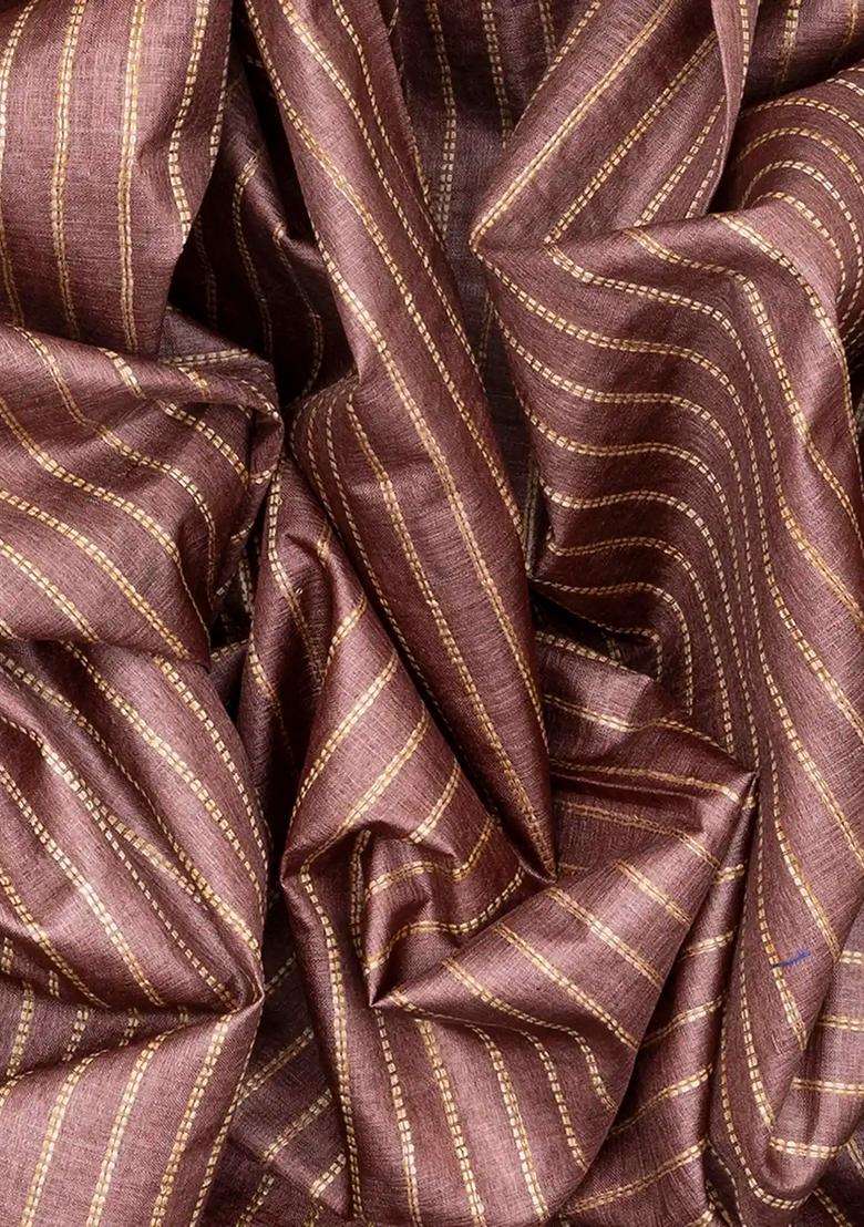 Brown Woven Tussar Silk Saree With Dotted Stripes Brown With Checks And Stripes Design For Women - Indya