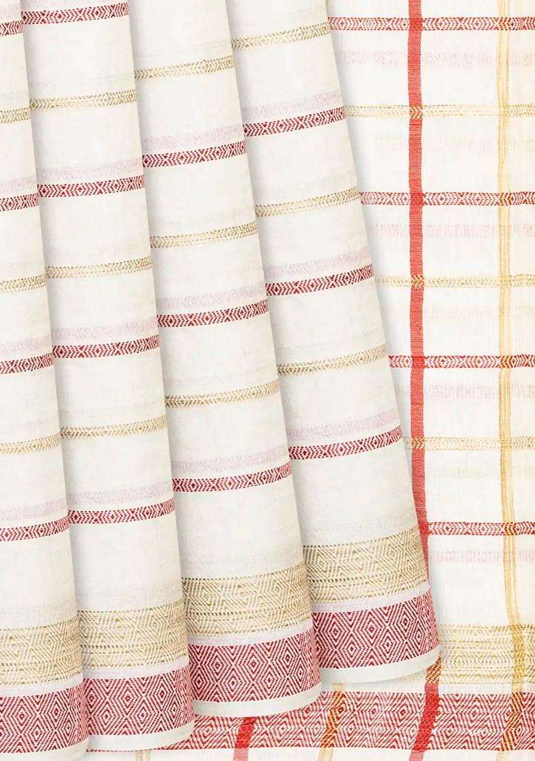 Off White Woven Tussar Silk Saree With Multi Stripes Off White With Checks And Stripes Design For Women - Indya