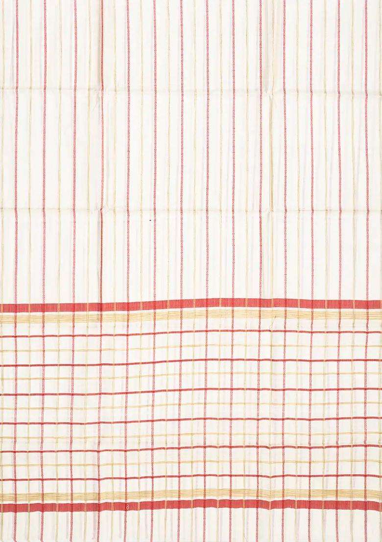 Off White Woven Tussar Silk Saree With Multi Stripes Off White With Checks And Stripes Design For Women - Indya