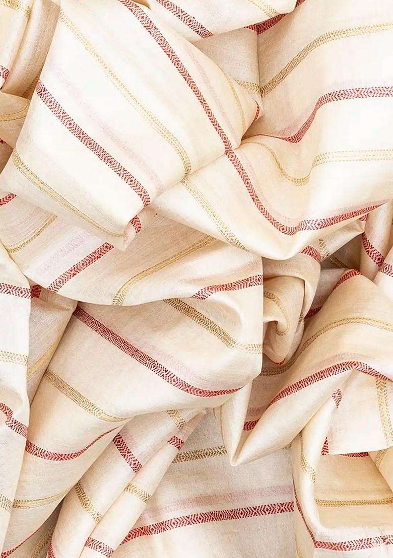 Off White Woven Tussar Silk Saree With Multi Stripes Off White With Checks And Stripes Design For Women - Indya