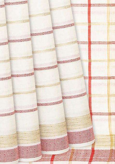 Off White Woven Tussar Silk Saree With Multi Stripes Off White With Checks And Stripes Design For Women