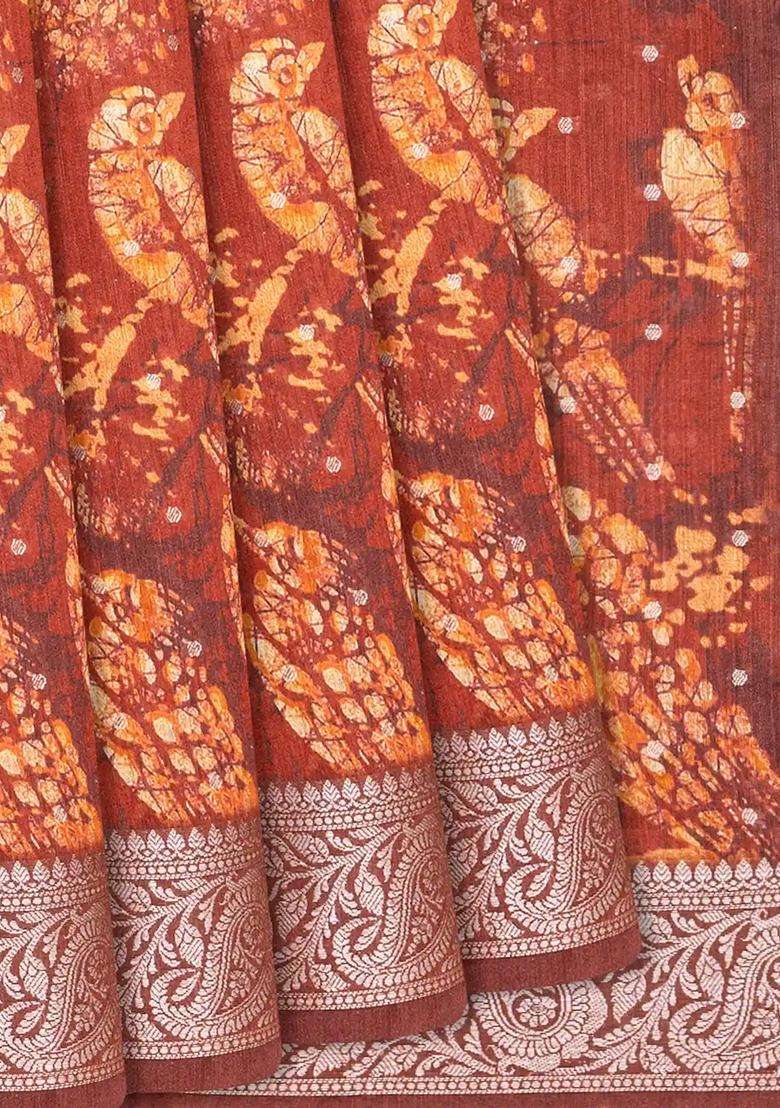Rust Handwoven Printed Tussar Silk Saree With Bird Motifs Rust For Women - Indya
