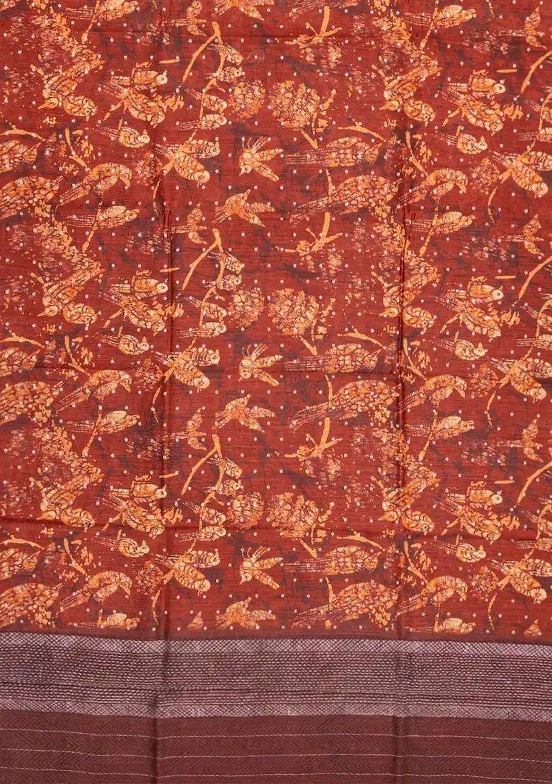 Rust Handwoven Printed Tussar Silk Saree With Bird Motifs Rust For Women - Indya