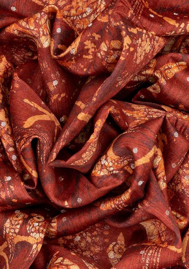 Rust Handwoven Printed Tussar Silk Saree With Bird Motifs Rust For Women - Indya