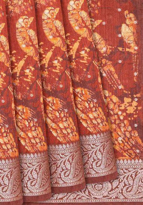 Rust Handwoven Printed Tussar Silk Saree With Bird Motifs Rust For Women