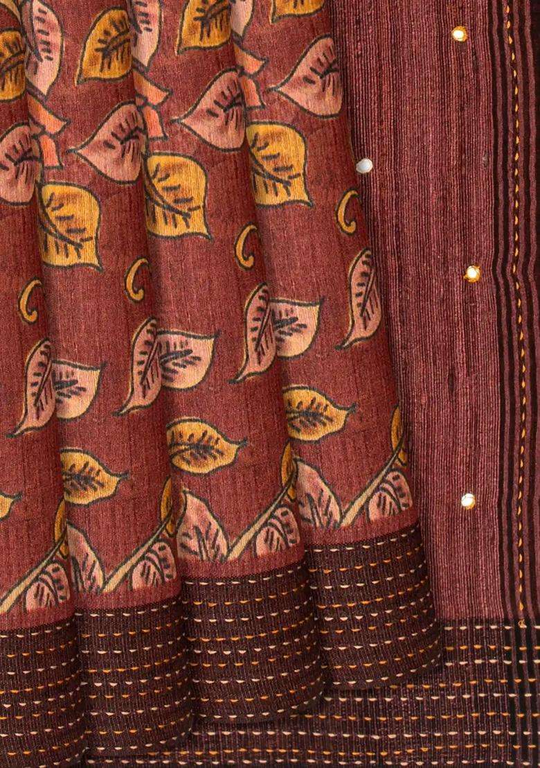 Dusty Pink Handloom Tussar Silk Saree Printed With Floral Vine Motifs Dusty Pink For Women - Indya