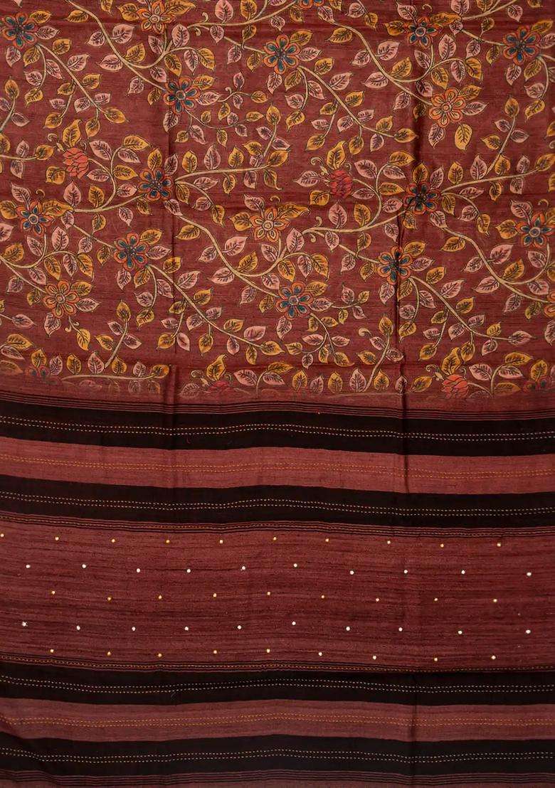 Dusty Pink Handloom Tussar Silk Saree Printed With Floral Vine Motifs Dusty Pink For Women - Indya