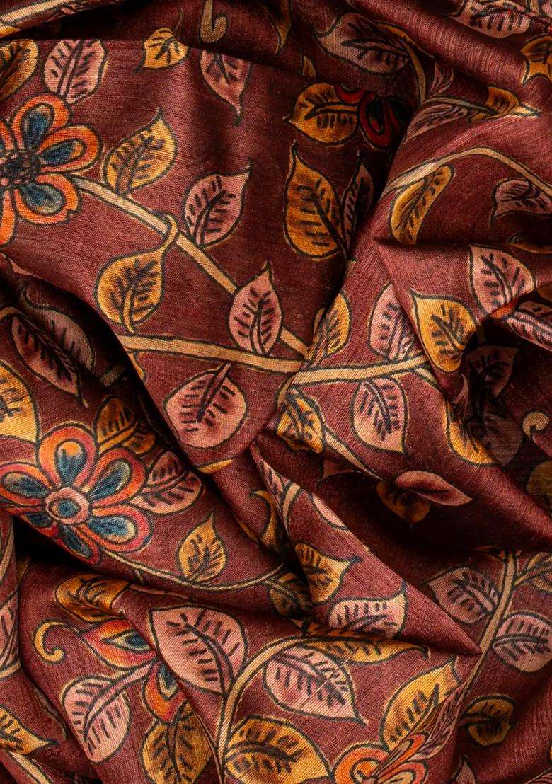 Dusty Pink Handloom Tussar Silk Saree Printed With Floral Vine Motifs Dusty Pink For Women - Indya
