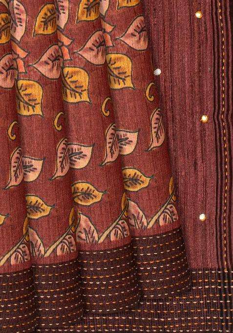 Dusty Pink Handloom Tussar Silk Saree Printed With Floral Vine Motifs Dusty Pink For Women