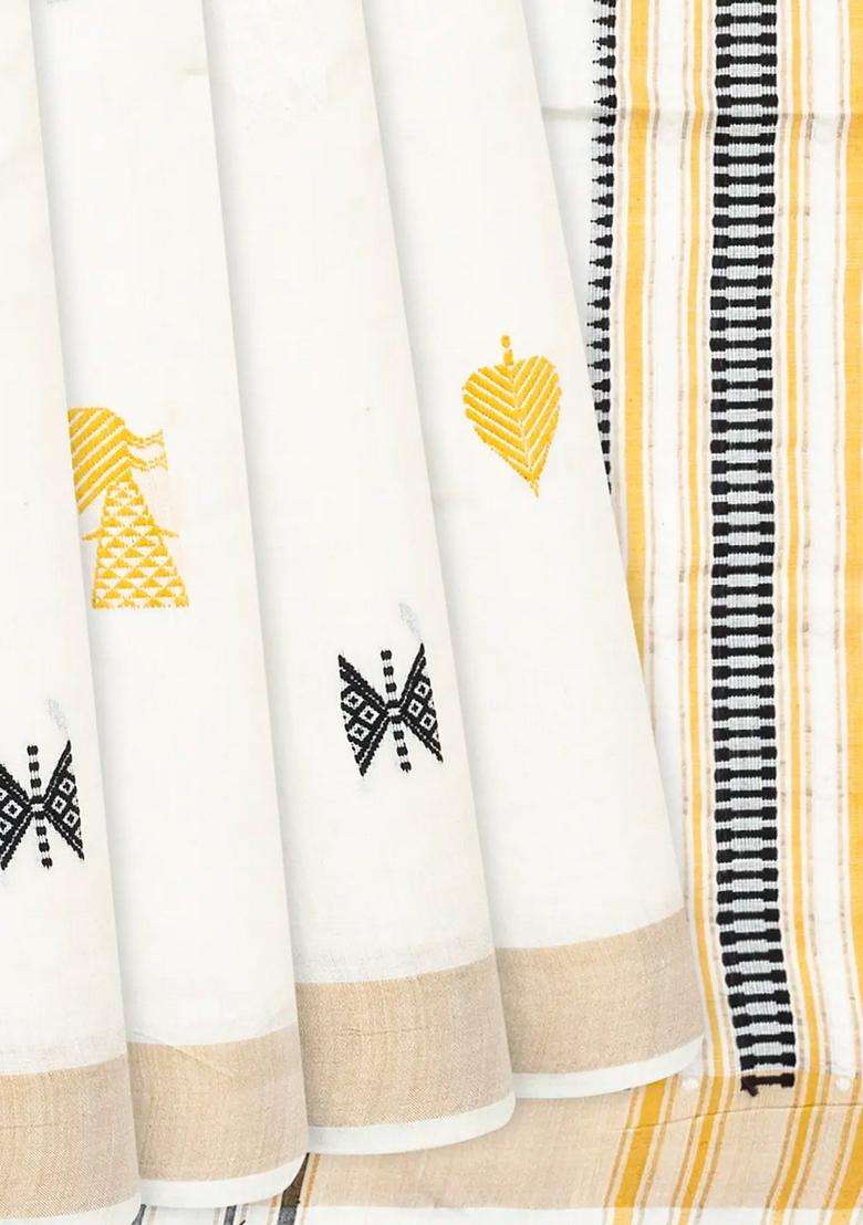 White Handwoven Tussar Silk Saree With Leaf Motifs White With Buttas And Brocade Design For Women - Indya