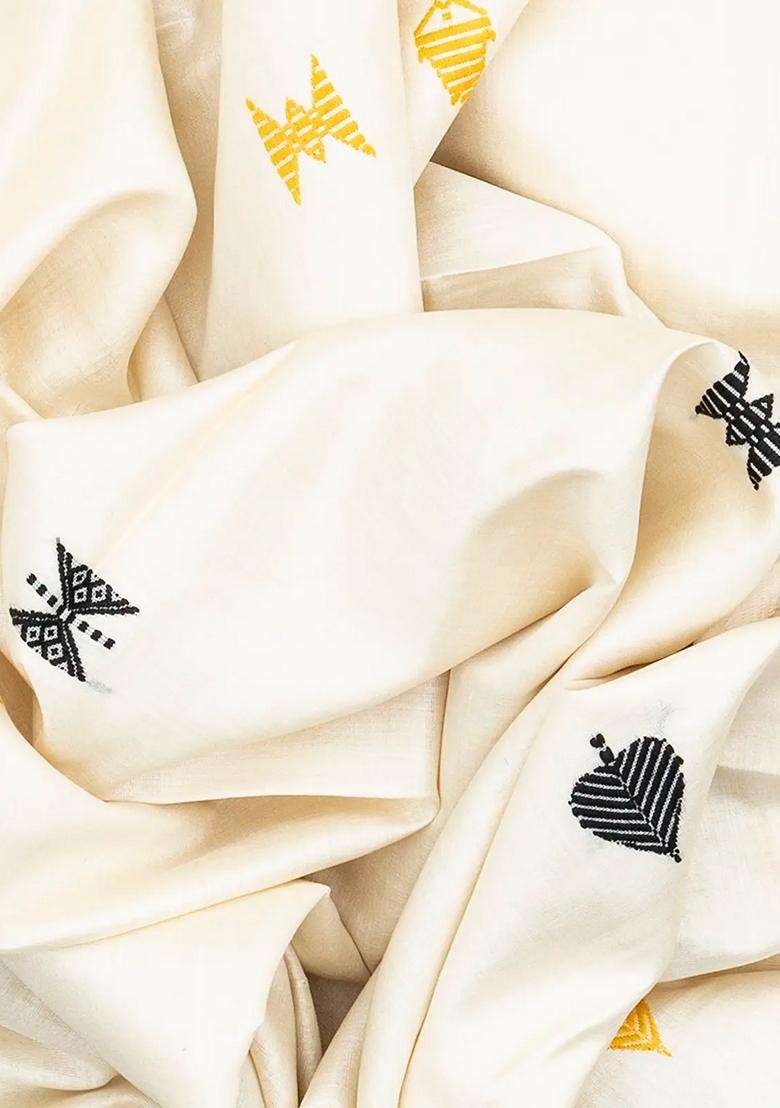 White Handwoven Tussar Silk Saree With Leaf Motifs White With Buttas And Brocade Design For Women - Indya
