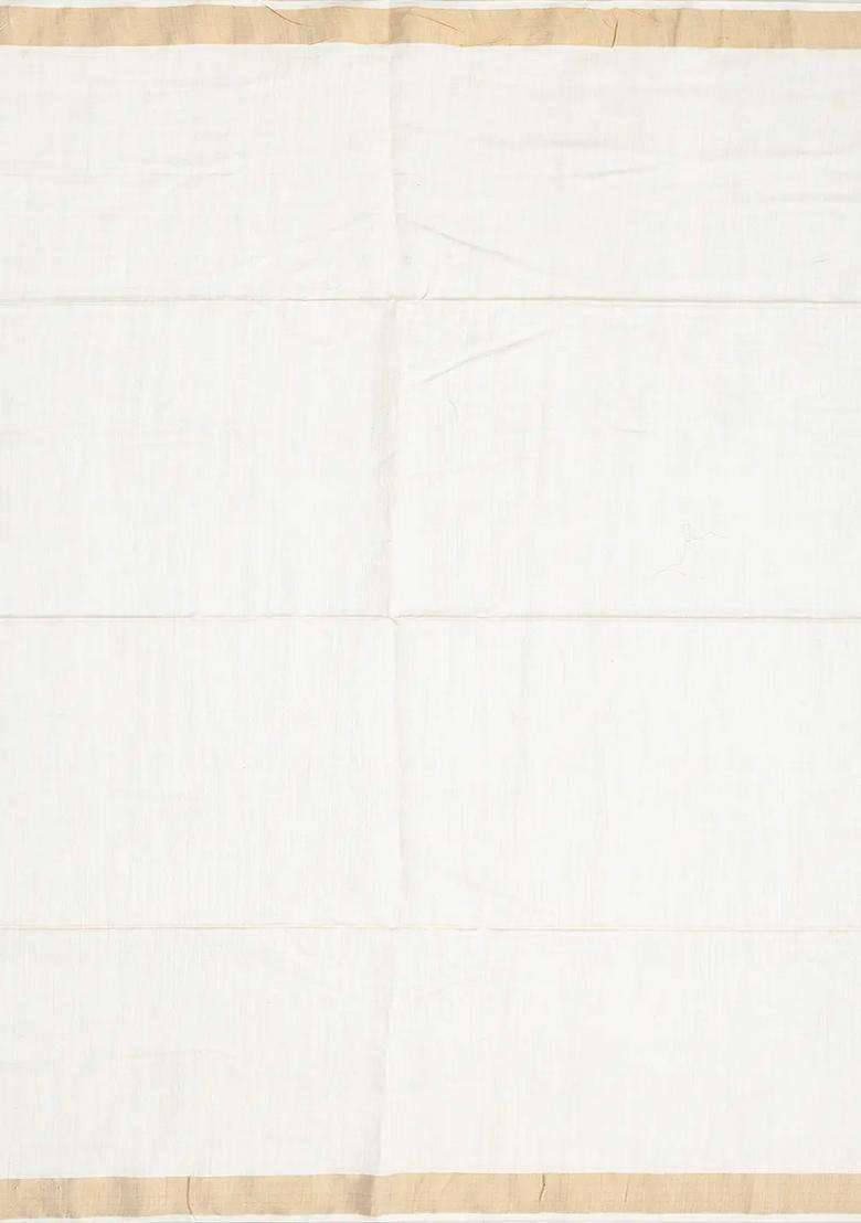 White Handwoven Tussar Silk Saree With Leaf Motifs White With Buttas And Brocade Design For Women - Indya