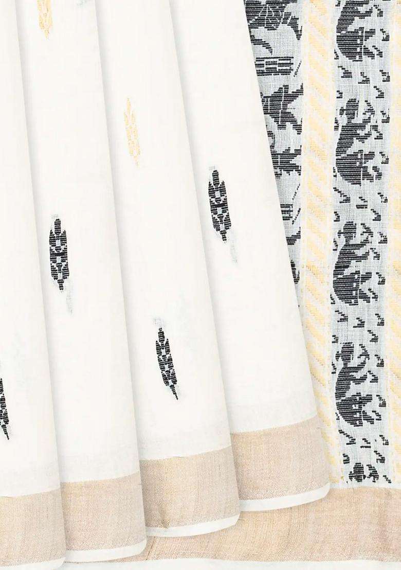 White Handwoven Tussar Silk Saree With Black Floral Motifs White With Buttas And Brocade Design For Women - Indya