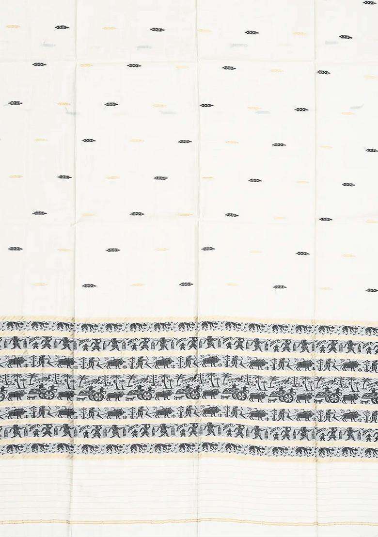White Handwoven Tussar Silk Saree With Black Floral Motifs White With Buttas And Brocade Design For Women - Indya