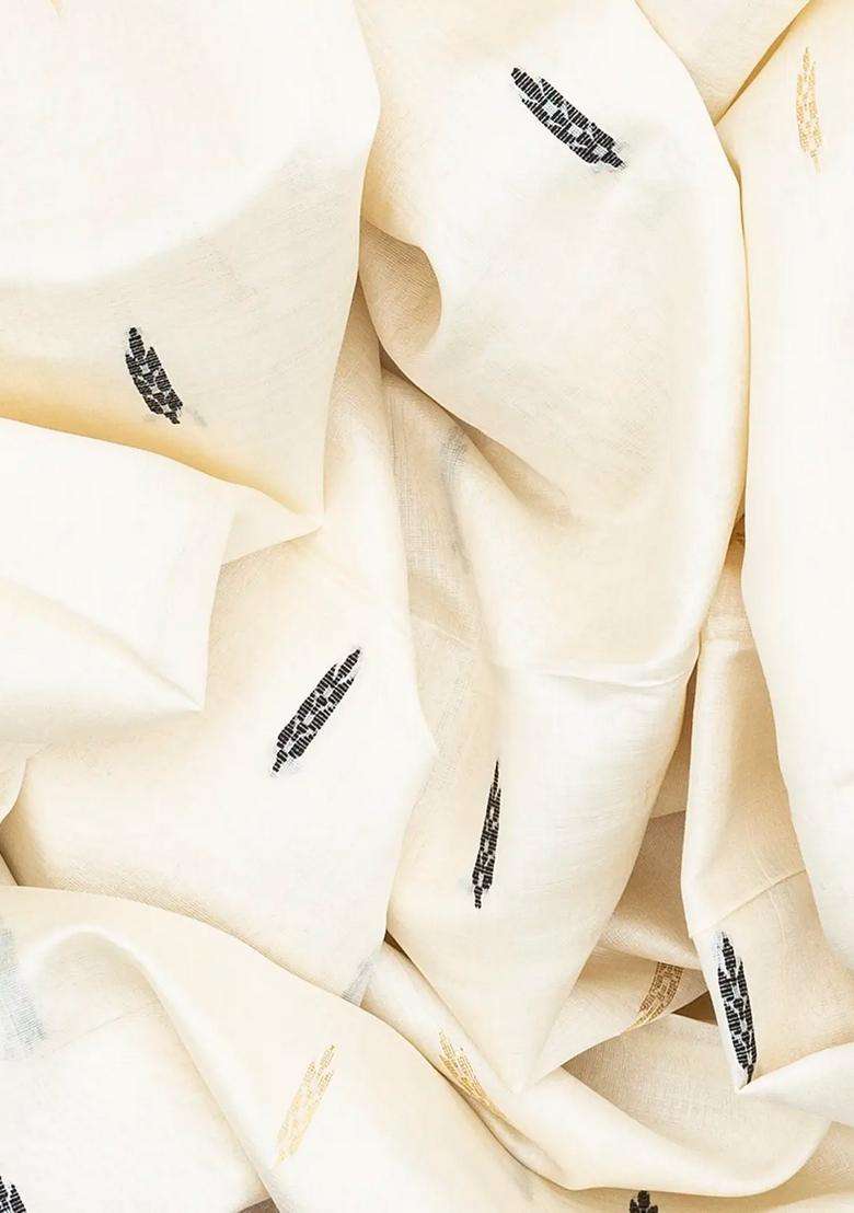 White Handwoven Tussar Silk Saree With Black Floral Motifs White With Buttas And Brocade Design For Women - Indya