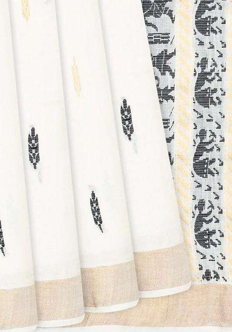 White Handwoven Tussar Silk Saree With Black Floral Motifs White With Buttas And Brocade Design For Women
