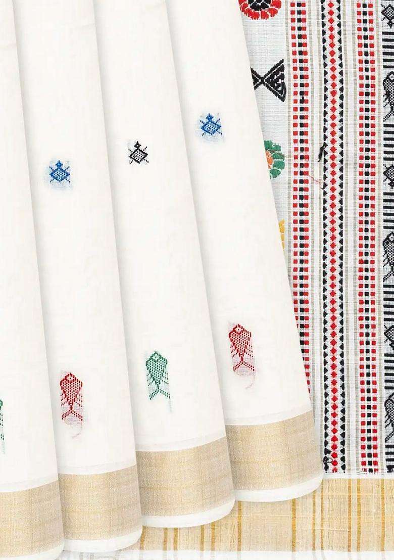 White Handwoven Tussar Silk Saree With Meena Fish Motifs White With Buttas And Brocade Design For Women - Indya