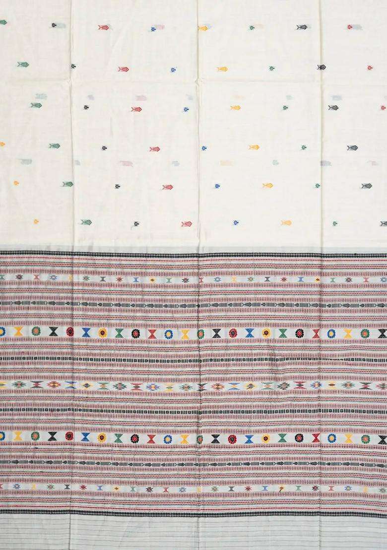 White Handwoven Tussar Silk Saree With Meena Fish Motifs White With Buttas And Brocade Design For Women - Indya