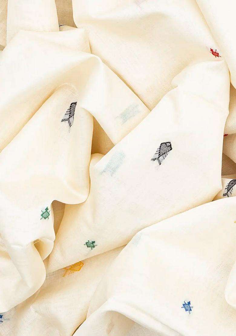 White Handwoven Tussar Silk Saree With Meena Fish Motifs White With Buttas And Brocade Design For Women - Indya
