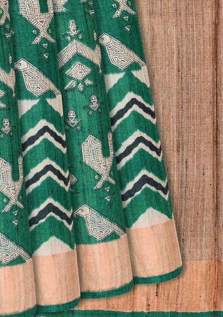 Sea Green Handloom Tussar Silk Saree With Printed Bird Motifs Sea Green For Women - Indya