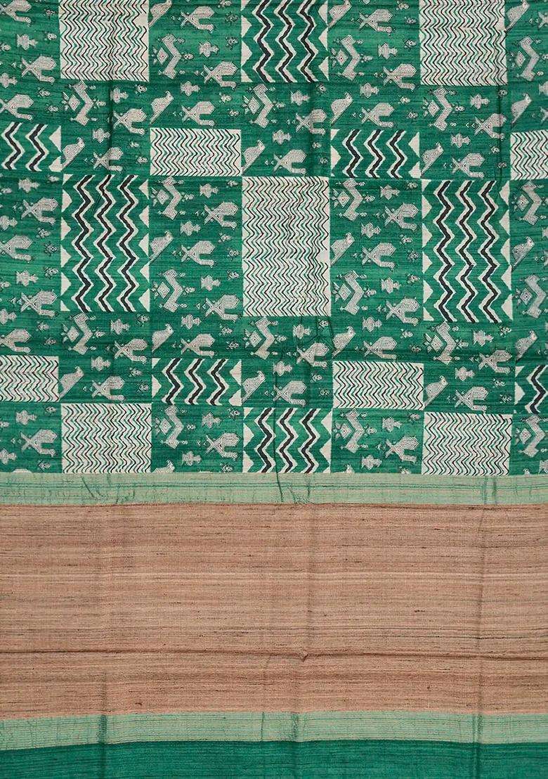 Sea Green Handloom Tussar Silk Saree With Printed Bird Motifs Sea Green For Women - Indya