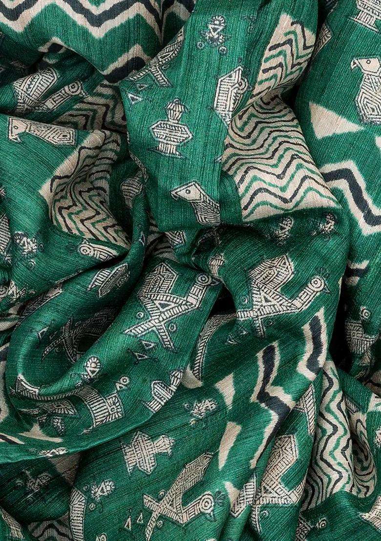 Sea Green Handloom Tussar Silk Saree With Printed Bird Motifs Sea Green For Women - Indya