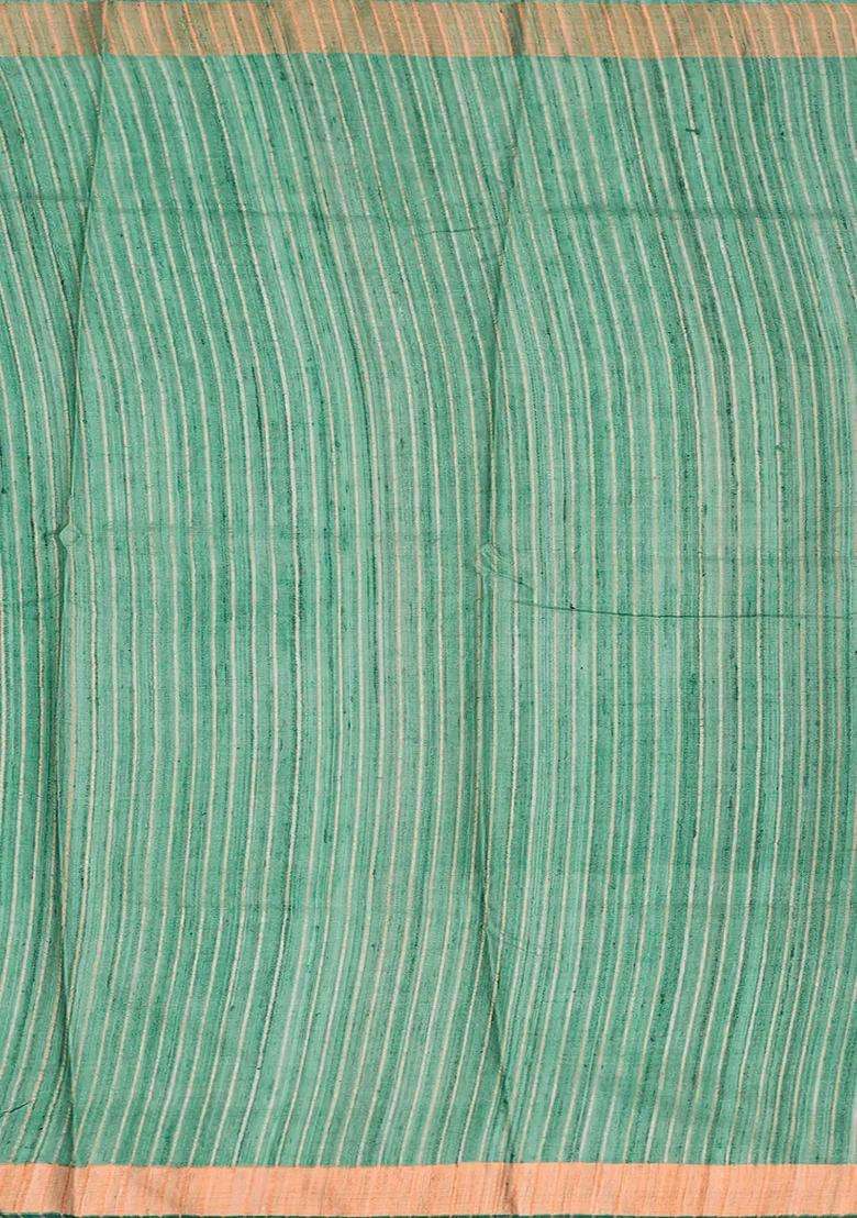 Sea Green Handloom Tussar Silk Saree With Printed Bird Motifs Sea Green For Women - Indya