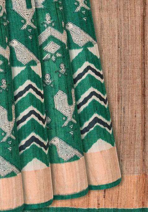 Sea Green Handloom Tussar Silk Saree With Printed Bird Motifs Sea Green For Women