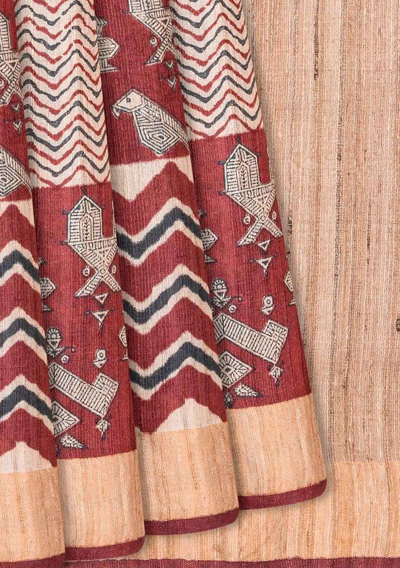 Chestnut Pink Handloom Tussar Silk Saree With Printed Bird Motifs Chestnut Pink For Women - Indya
