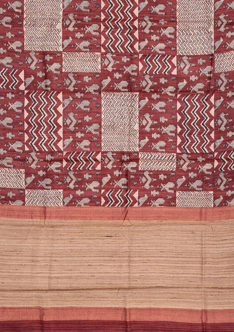 Chestnut Pink Handloom Tussar Silk Saree With Printed Bird Motifs Chestnut Pink For Women - Indya