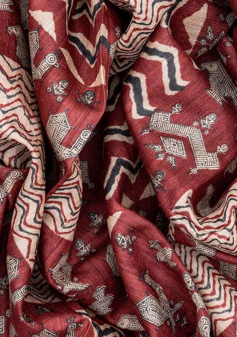 Chestnut Pink Handloom Tussar Silk Saree With Printed Bird Motifs Chestnut Pink For Women - Indya