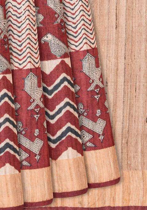 Chestnut Pink Handloom Tussar Silk Saree With Printed Bird Motifs Chestnut Pink For Women