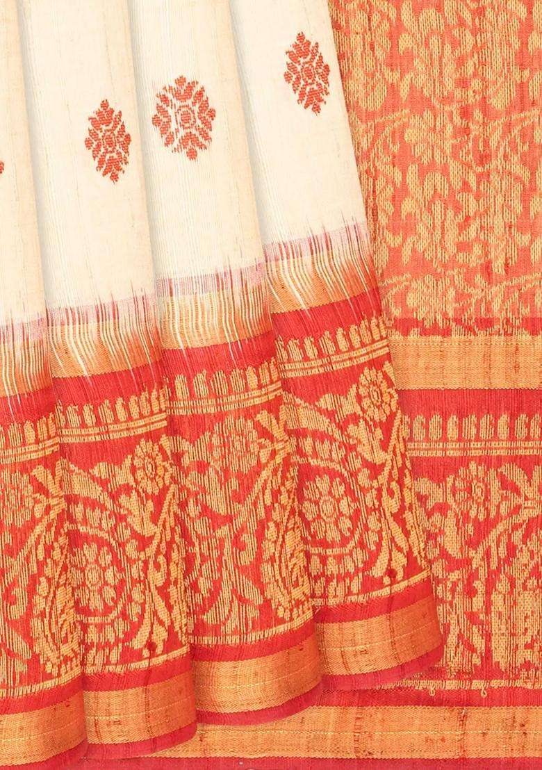 Off White Handwoven Tussar Silk Saree With Floral Motifs Off White With Buttas And Brocade Design For Women - Indya