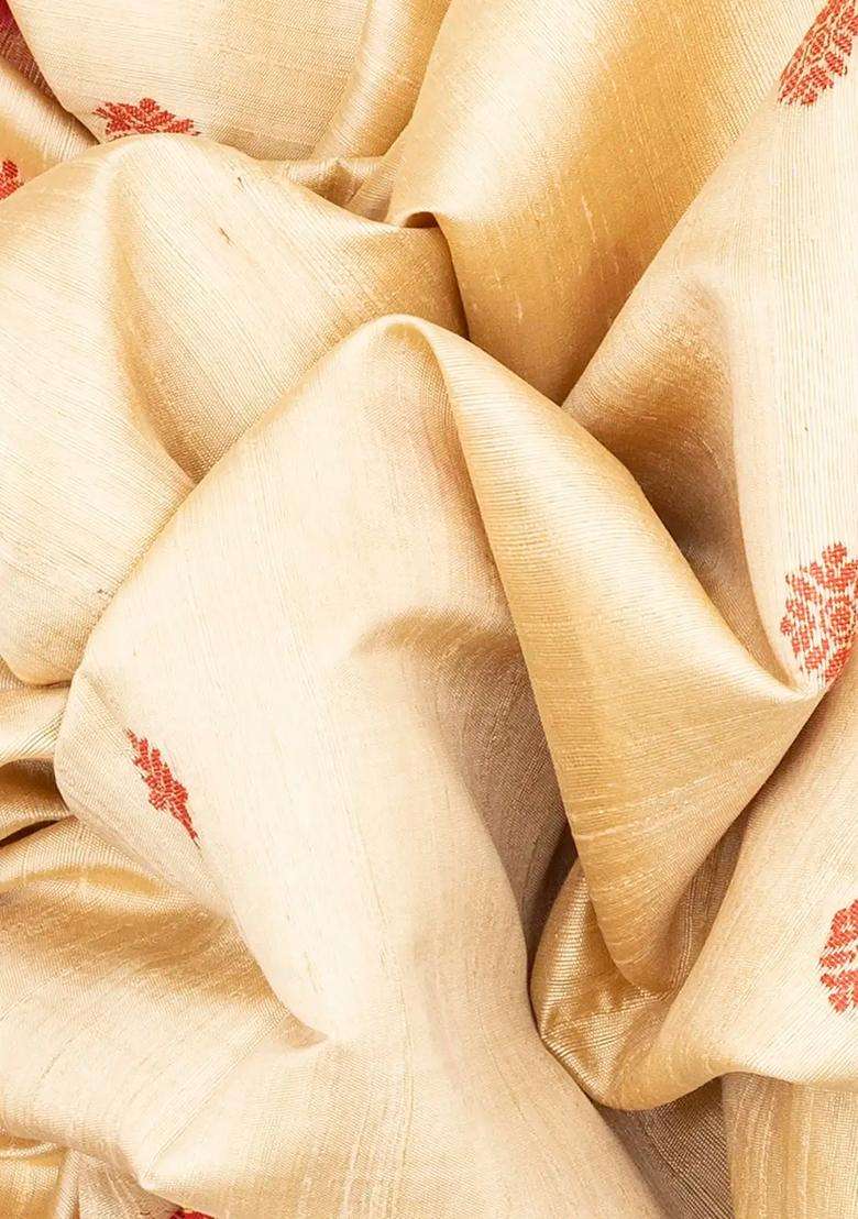 Off White Handwoven Tussar Silk Saree With Floral Motifs Off White With Buttas And Brocade Design For Women - Indya