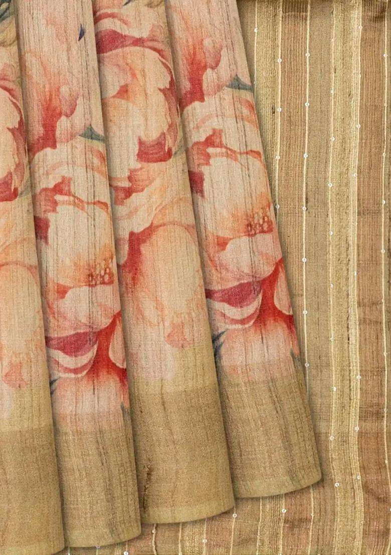 Taupe Handloom Tussar Silk Saree With Printed Crane Motifs Taupe For Women - Indya